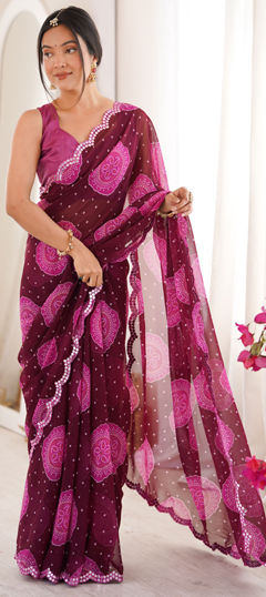 Purple and Violet color Saree in Georgette fabric with Bandhej, Mirror, Printed work