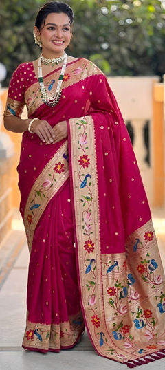 Pink and Majenta color Saree in Silk fabric with Printed, Weaving work