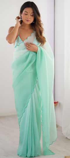 Green color Saree in Crushed Silk fabric with Embroidered work