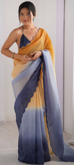 Black and Grey, Orange color Saree in Crushed Silk fabric with Embroidered work