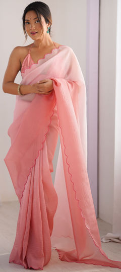 Pink and Majenta color Saree in Crushed Silk fabric with Embroidered work