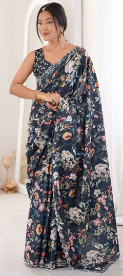 Blue color Saree in Chinon Silk fabric with Digital Print, Floral, Swarovski work