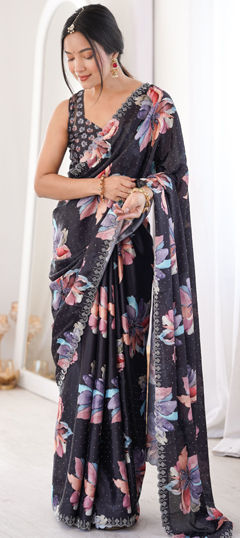 Black and Grey color Saree in Chinon Silk fabric with Digital Print, Floral, Swarovski work