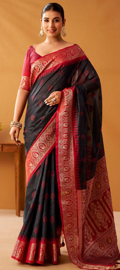 Black and Grey color Saree in Cotton fabric with Weaving work