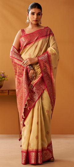 Beige and Brown color Saree in Cotton fabric with Weaving work