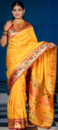 Yellow color Saree in Silk fabric with Weaving work