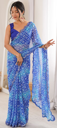 Blue color Saree in Georgette fabric with Bandhej, Mirror, Printed work