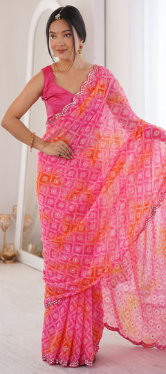 Pink and Majenta color Saree in Georgette fabric with Bandhej, Mirror, Printed work
