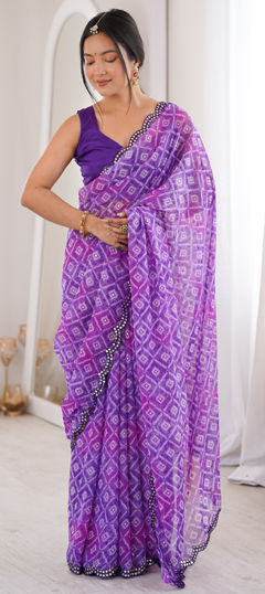 Purple and Violet color Saree in Georgette fabric with Bandhej, Mirror, Printed work