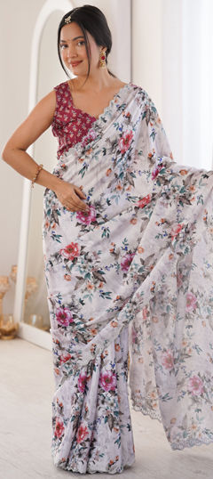 White and Off White color Saree in Chinon Silk fabric with Digital Print, Floral, Swarovski work