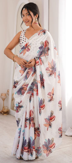 White and Off White color Saree in Chinon Silk fabric with Digital Print, Floral, Swarovski work