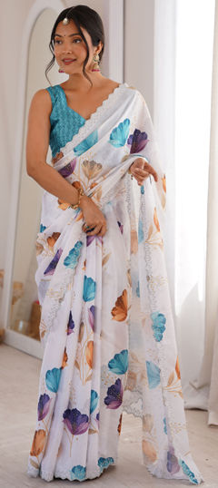 White and Off White color Saree in Chinon Silk fabric with Digital Print, Floral, Swarovski work