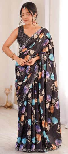 Black and Grey color Saree in Chinon Silk fabric with Digital Print, Floral, Swarovski work