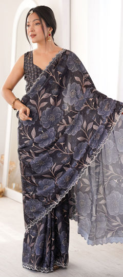Black and Grey color Saree in Chinon Silk fabric with Digital Print, Floral, Swarovski work