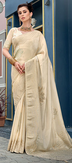 White and Off White color Saree in Viscose fabric with Weaving work