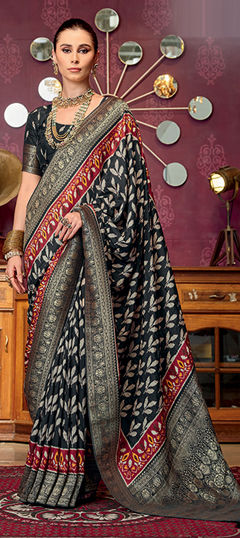Black and Grey color Saree in Viscose fabric with Digital Print work