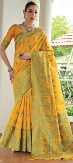 Yellow color Saree in Raw Silk fabric with Weaving work