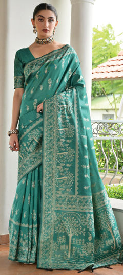 Green color Saree in Raw Silk fabric with Weaving work