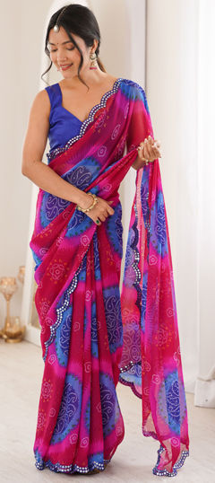 Blue color Saree in Georgette fabric with Bandhej, Mirror, Printed work