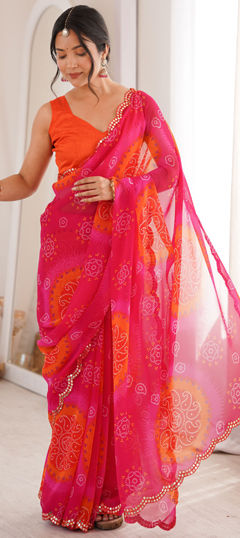 Pink and Majenta color Saree in Georgette fabric with Bandhej, Mirror, Printed work