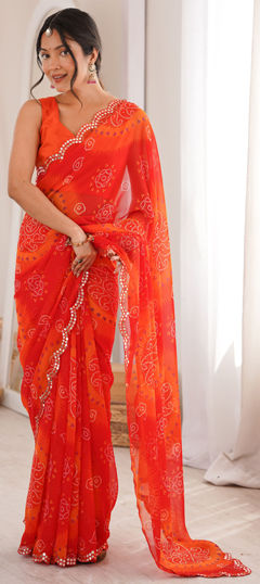 Red and Maroon color Saree in Georgette fabric with Bandhej, Mirror, Printed work
