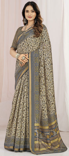 Beige and Brown color Saree in Silk fabric with Floral, Printed work