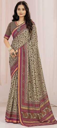 Beige and Brown color Saree in Silk fabric with Floral, Printed work