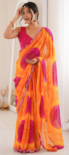 Yellow color Saree in Georgette fabric with Bandhej, Mirror, Printed work