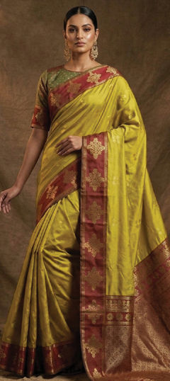 Yellow color Saree in Silk fabric with Weaving work