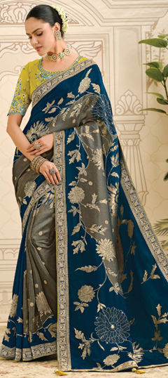 Black and Grey, Blue color Saree in Silk fabric with Weaving work