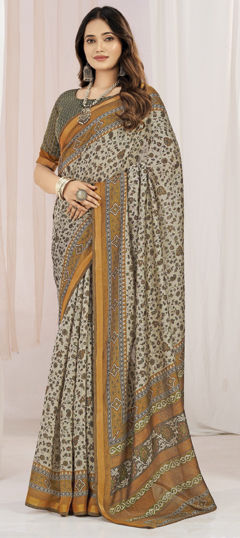 Beige and Brown color Saree in Silk fabric with Floral, Printed work