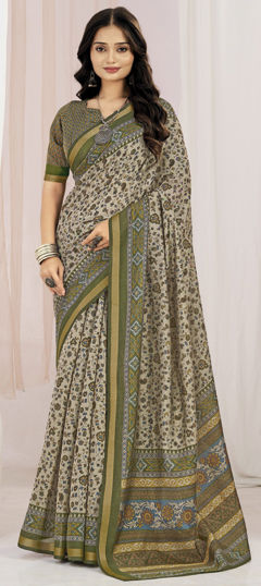 Beige and Brown color Saree in Silk fabric with Floral, Printed work