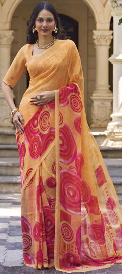 Beige and Brown color Saree in Georgette fabric with Printed work