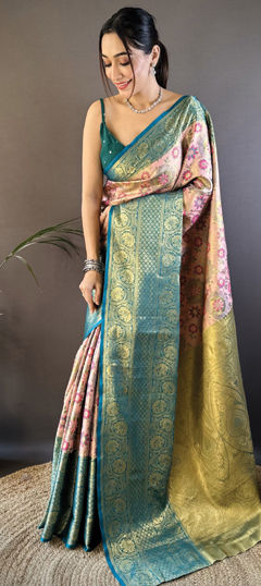 Green, Pink and Majenta color Saree in Kanjeevaram Silk fabric with Weaving work