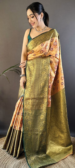 Green, Orange color Saree in Kanjeevaram Silk fabric with Weaving work