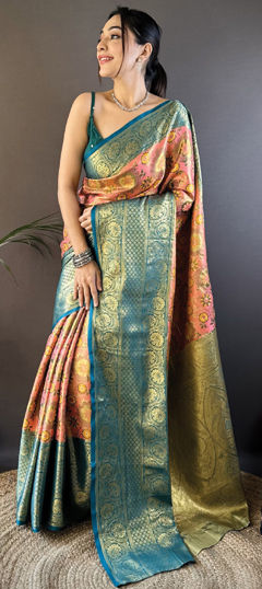 Blue, Orange color Saree in Kanjeevaram Silk fabric with Weaving work