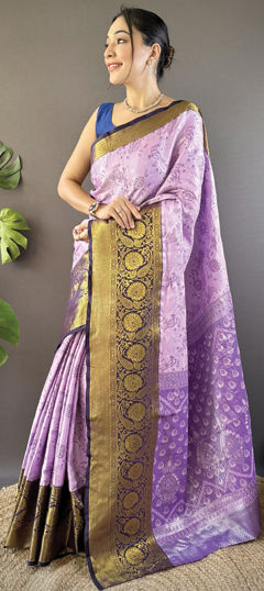 Purple and Violet color Saree in Kanjeevaram Silk fabric with Printed, Weaving work