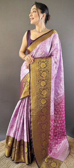 Purple and Violet color Saree in Kanjeevaram Silk fabric with Printed, Weaving work