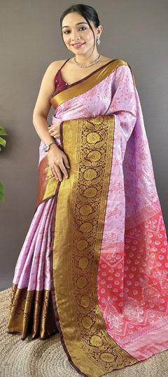Purple and Violet color Saree in Kanjeevaram Silk fabric with Printed, Weaving work