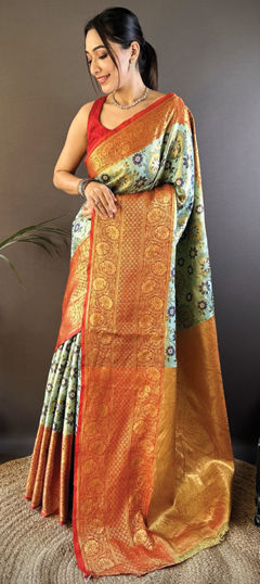 Green, Red and Maroon color Saree in Kanjeevaram Silk fabric with Weaving work