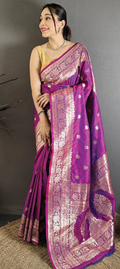 Purple and Violet color Saree in Banarasi Silk fabric with Weaving work