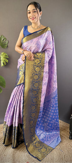 Pink and Majenta color Saree in Kanjeevaram Silk fabric with Printed, Weaving work