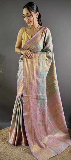 Green color Saree in Kanjeevaram Silk fabric with Weaving work