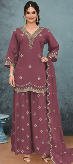 Purple and Violet color Salwar Kameez in Silk fabric with Embroidered work