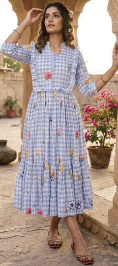 Blue color Kurti in Muslin fabric with Floral, Printed work