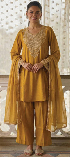 Yellow color Salwar Kameez in Silk cotton fabric with Embroidered, Thread, Zari work