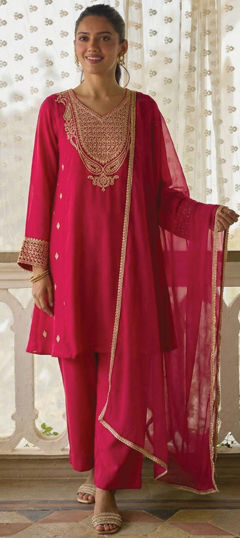 Pink and Majenta color Salwar Kameez in Silk cotton fabric with Embroidered, Thread, Zari work