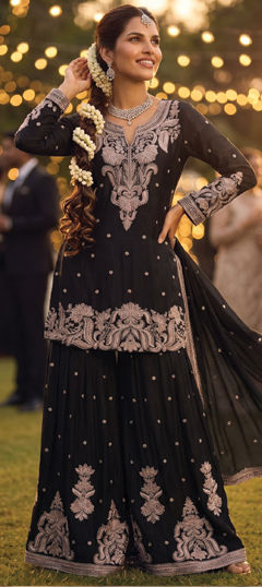 Purple and Violet color Salwar Kameez in Chinon Silk fabric with Bugle Beads, Embroidered work