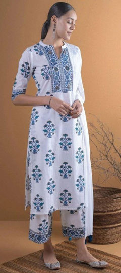 Blue, White and Off White color Salwar Kameez in Blended Cotton fabric with Floral, Printed work