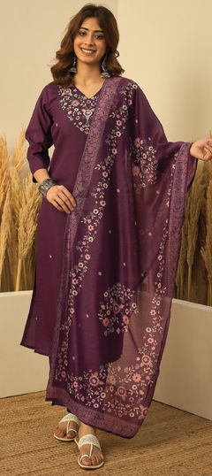 Purple and Violet color Salwar Kameez in Roman Silk fabric with Embroidered work